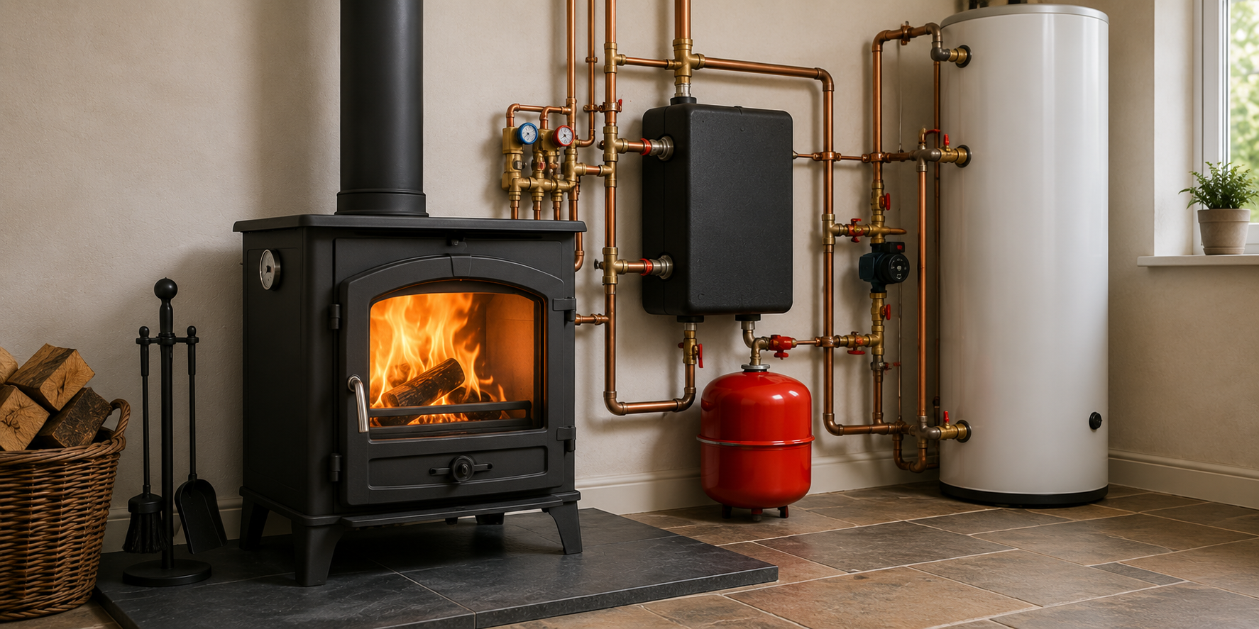 Back boiler stove heating system installation with integrated plumbing and hot water setup
