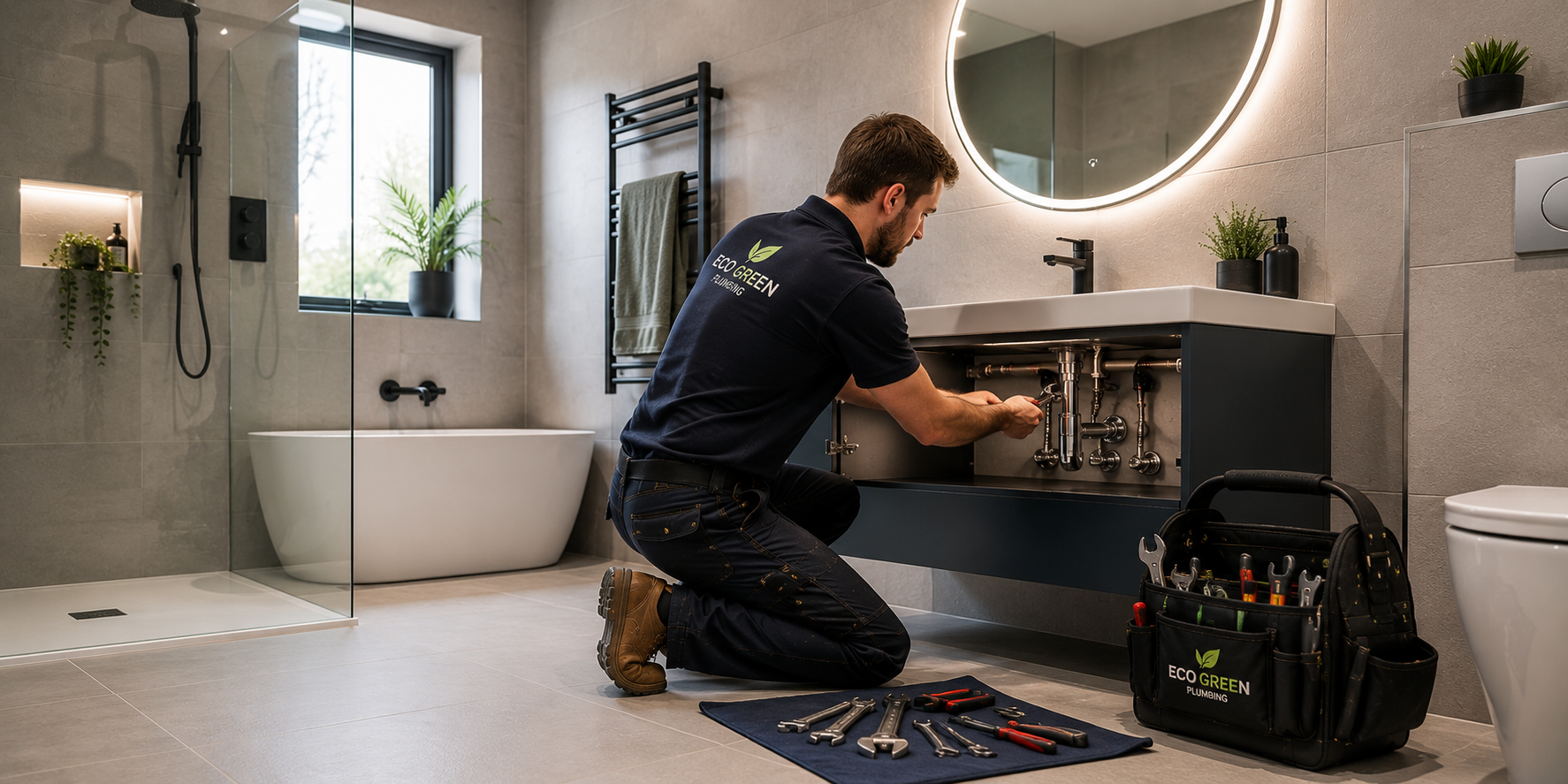 Modern bathroom installation with professional plumbing and sanitaryware fitting