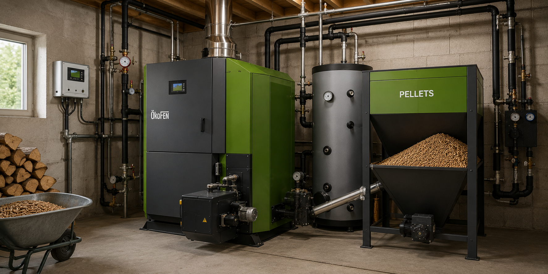 Renewable biomass boiler installation with wood pellet heating system for commercial and rural properties