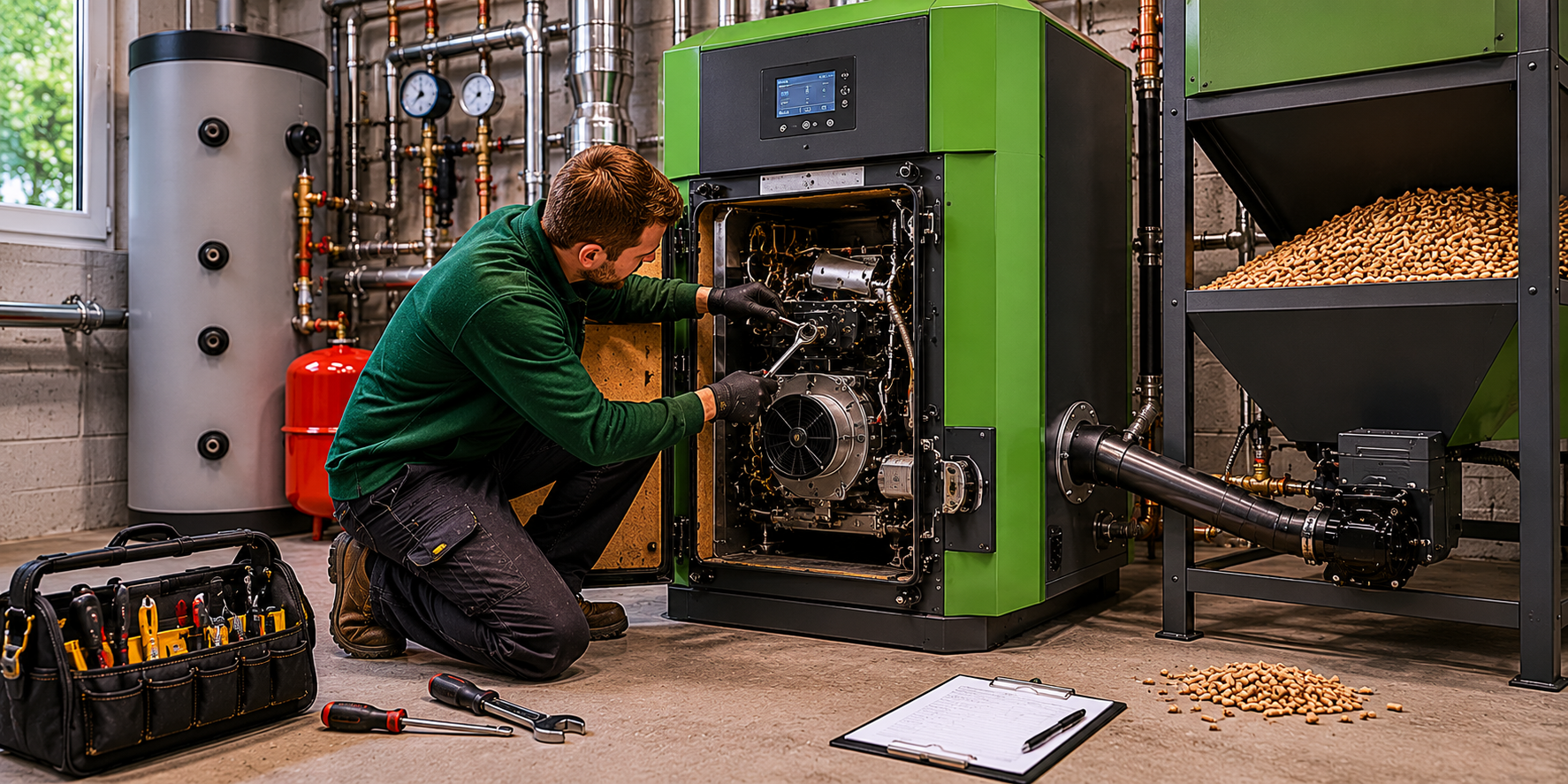 Engineer servicing and maintaining a biomass boiler heating system for optimal performance