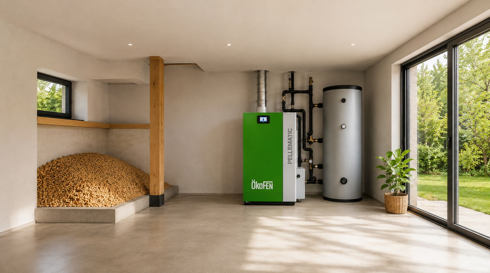 Professional biomass heating system with pellet storage and boiler installation for efficient renewable heating