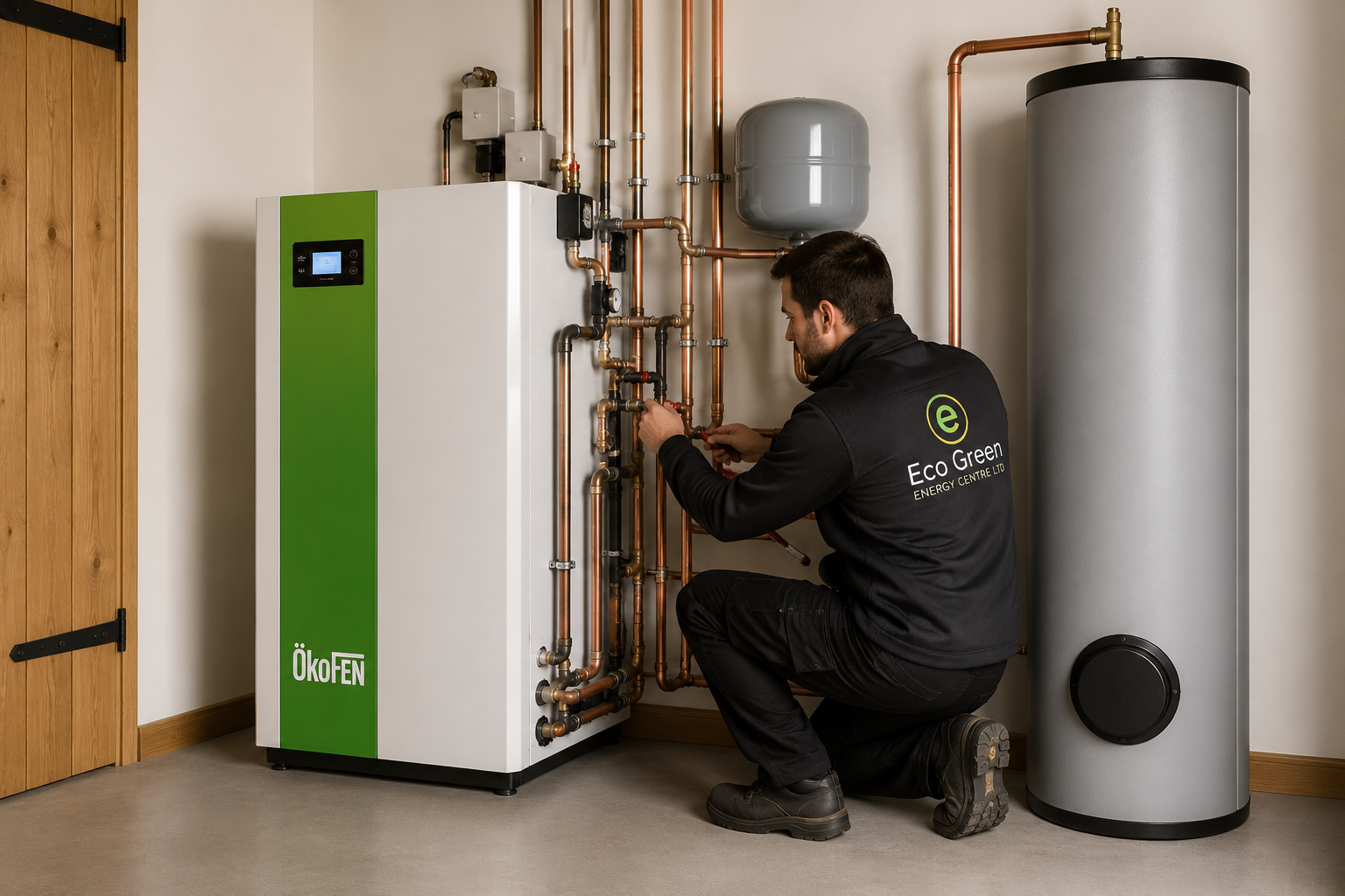 Engineer inspecting and servicing a biomass boiler heating system to ensure reliable performance