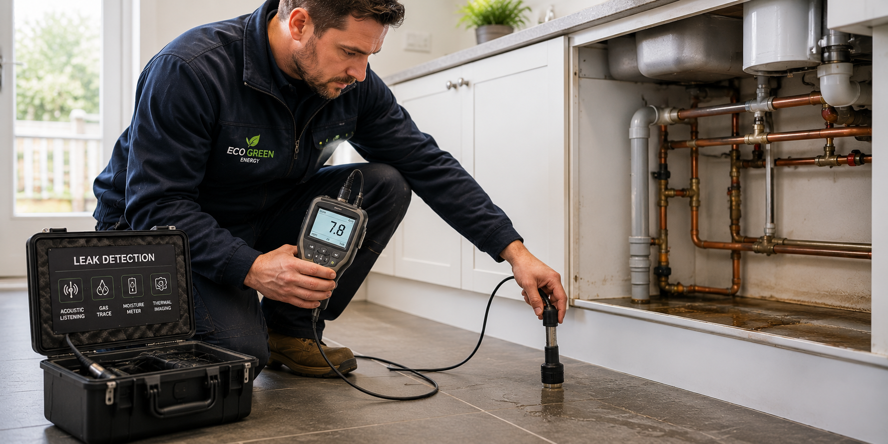 Heating engineer using specialist equipment to detect water leaks in plumbing systems