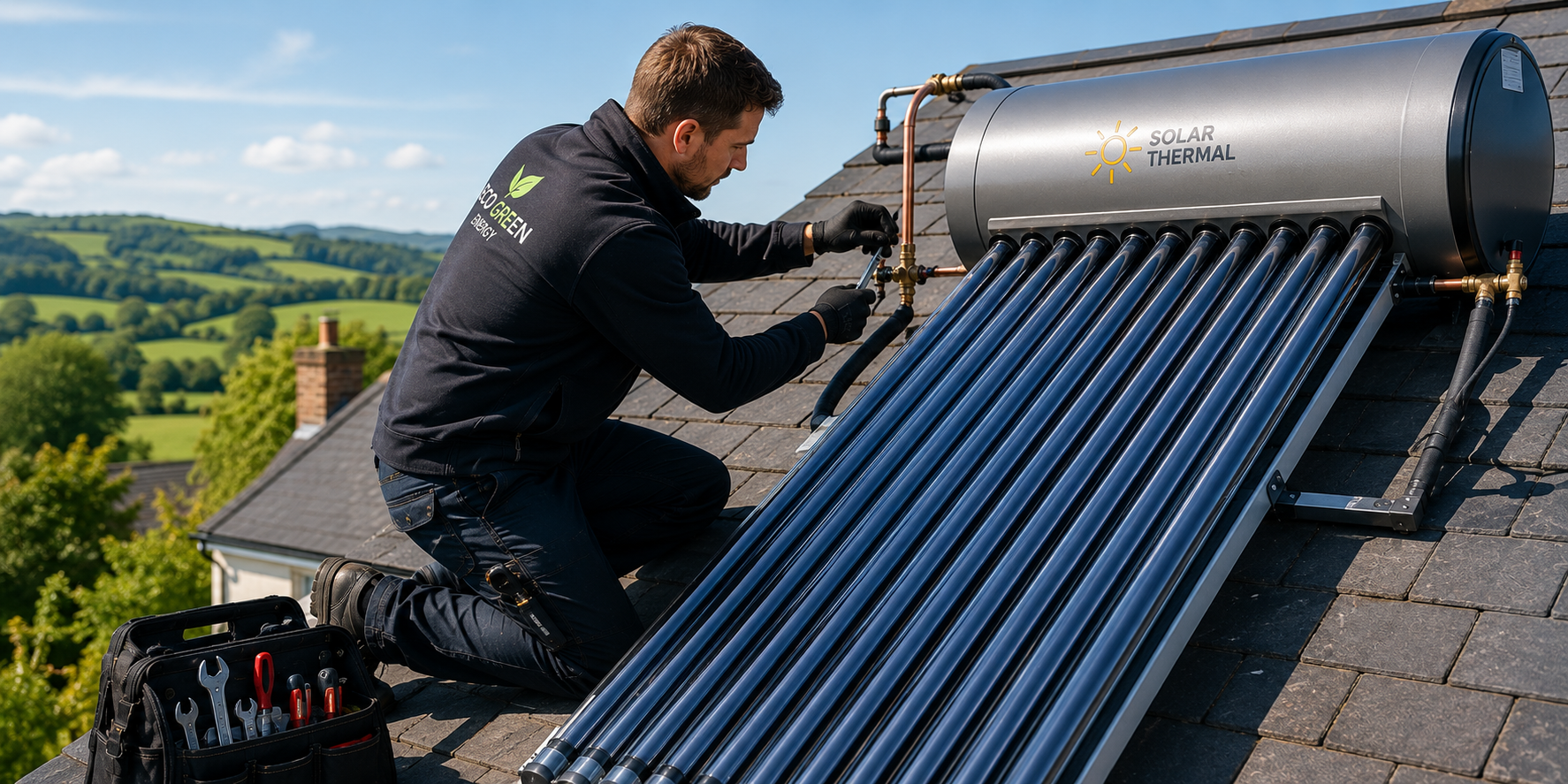 Technician inspecting and maintaining solar thermal panels and renewable hot water systems