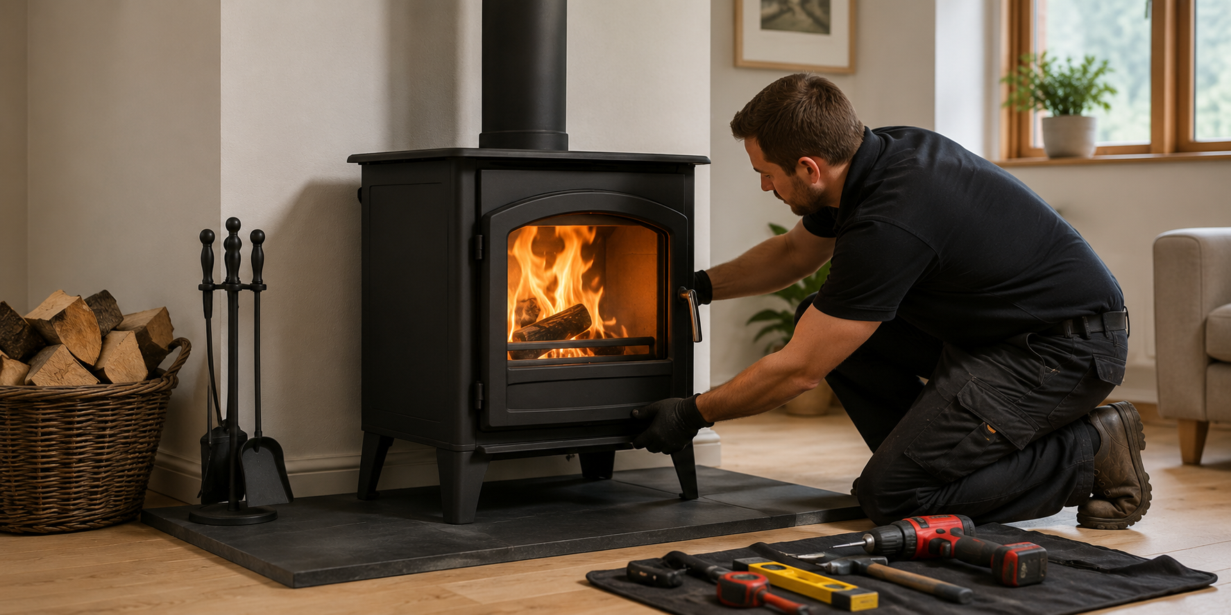 Modern woodburner stove professionally installed in a residential property